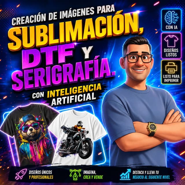 Portada del curso Creación de Imágenes para Sublimación, DTF y Serigrafía con IA — Johan Torres